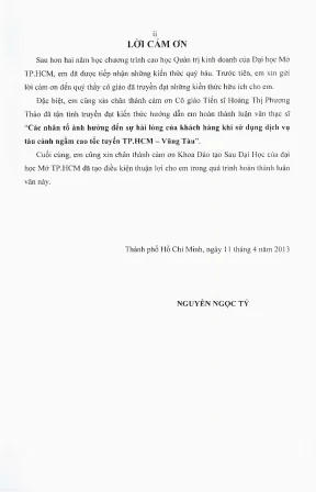 Các nhân tố ảnh hưởng đến sự hài lòng của khách hàng khi sử dụng dịch vụ tàu cánh ngầm cao tốc tuyến tp hcm vũng tàu