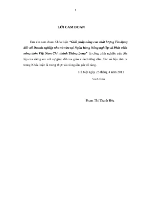 Luận văn giải pháp nâng cao chất lượng tín dụng đối với doanh nghiệp nhỏ và vừa tại ngân hàng nông nghiệp và phát triển nông thôn việt nam chi nhánh thăng long