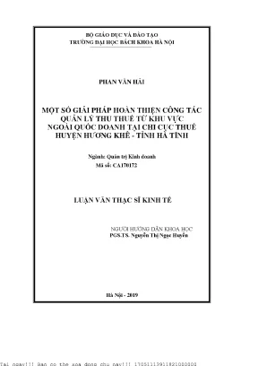 Một số giải pháp hoàn thiện ông tác quản lý thu thuế từ khu vực ngoài quốc doanh tại chi cục thuế huyện hương khê tỉnh hà tĩnh