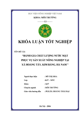 Khóa luận tốt nghiệp đánh giá chất lượng nước mặt phục vụ sản xuất nông nghiệp tại xã hoàng tây kim bảng hà nam