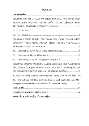 Khóa luận tác động của cạnh tranh chiến lược mỹ trung quốc tới cục diện địa chính trị khu vực châu á thái bình dương giai đoạn 2010 2020 và một số đối sách của việt nam