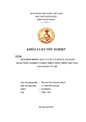 Giải pháp phòng ngừa và xử lý nợ xấu tại ngân hàng nông nghiệp và phát triển nông thôn việt nam chi nhánh tây đô