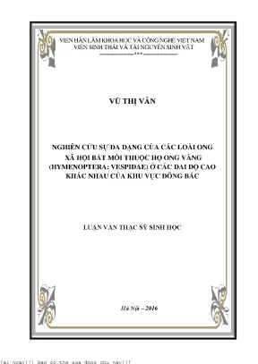 Nghiên cứu sự đa dạng của các loài ong xã hội bắt mồi thuộc họ ong vàng hymenoptera vespidae ở các đai độ cao khác nhau của khu vực đông bắc