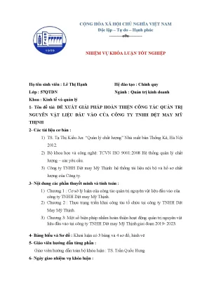 Đề xuất giải pháp hoàn thiện công tác quản trị nguyên vật liệu đầu vào của công ty tnhh dệt may mỹ thịnh