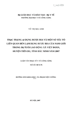 Luận văn thực trạng sử dụng rượu bia và một số yếu tố liên quan đến lạm dụng rượu bia của nam giới trong độ tuổi lao động xã việt đoàn huyện tiên du tỉnh bắc ninh năm 2007