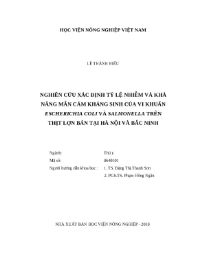 Luận văn thạc sĩ nghiên cứu xác định tỷ lệ nhiễm và khả năng mẫn cảm kháng sinh của vi khuẩn escherichia coli và salmonella trên thịt lợn bán tại hà nội và bắc ninh