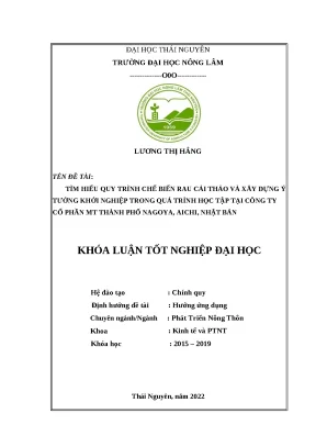 Luận văn tìm hiểu quy trình chế biến rau cải thảo và xây dựng ý tưởng khởi nghiệp trong quá trình học tập tại công ty cổ phần mt thành phố nagoya tỉnh aichi