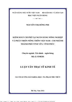 Kiểm soát chi phí tại ngân hàng nông nghiệp và phát triển nông thôn việt nam chi nhánh thành phố vĩnh yên vĩnh phúc