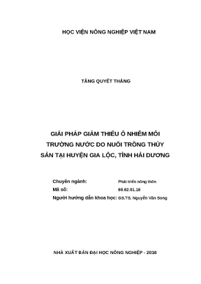 Luận văn thạc sĩ giải pháp giảm thiểu ô nhiễm môi trường nước do nuôi trồng thủy sản tại huyện gia lộc tỉnh hải dương