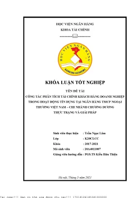 Công tác phân tích tài chính khách hàng doanh nghiệp trong hoạt động tín dụng tại ngân hàng tmcp ngoại thương việt nam chi nhánh chương dương thực trạng và giải pháp