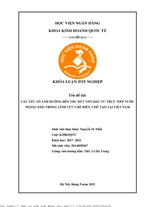 Các yếu tố ảnh hưởng đến thu hút vốn đầu tư trực tiếp nước ngoài fdi trong lĩnh vực chế biến chế tạo tại việt nam
