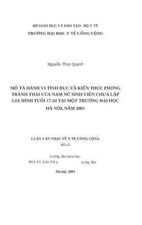 Luận văn mô tả hành vi tình dục và kiến thức phòng tránh thai của nam nữ sinh viên chưa lập gia đình tuổi 17 24 tại một trường đại học hà nội năm 2001