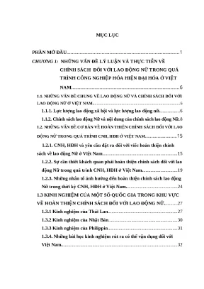 Luận văn thạc sĩ kinh tế hoàn thiện chính sách đối với lao động nữ trong quá trình công nghiệp hoá hiện đại hoá ở việt nam