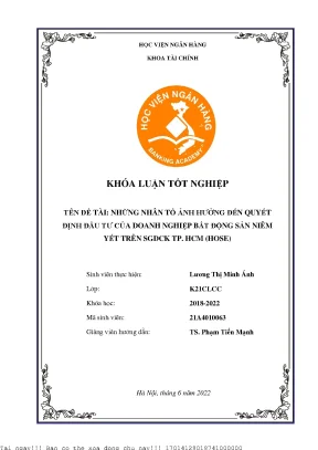 Những nhân tố ảnh hưởng đến quyết định đầu tư của doanh nghiệp bất động sản niêm yết trên sàn giao dịch chứng khoán tp hồ chí minh hose