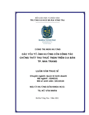 Luận văn thạc sĩ các yếu tố ảnh hưởng đến công tác chống thất thu thuế tndn trên địa bàn thành phố nha trang