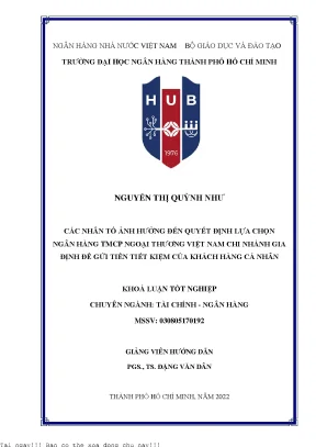 Các nhân tố ảnh hưởng đến quyết định lựa chọn ngân hàng vietcombank chi nhánh gia định để gửi tiền tiết kiệm của khách hàng cá nhân 2022