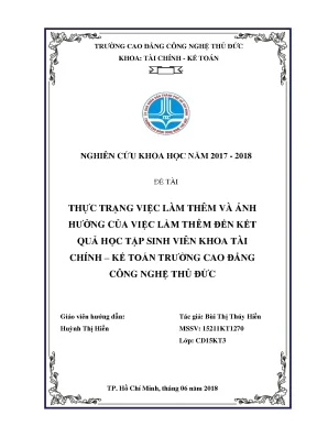 Thực trạng việc làm thêm và ảnh hưởng của việc làm thêm đến kết quả học tập sinh viên khoa tài chính kế toán trường cao đẳng công nghệ thủ đức