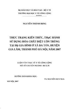 Luận văn thực trạng kiến thức thực hành sử dụng hoá chất diệt côn trùng tại hộ gia đình ở xã đa tốn huyện gia lâm thành phố hà nội năm 2007