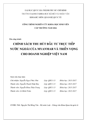 Chính sách thu hút đầu tư trực tiếp nước ngoài của myanmar và triển vọng cho doanh nghiệp việt nam công trình nghiên cứu khoa học sinh viên cấp trường