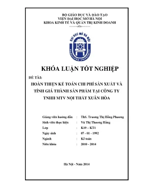 Hoàn thiện kế toán chi phí sản xuất và tính giá thành sản phẩm tại công ty tnhh mtv nội thất xuân hòa