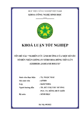 Nghiên cứu ảnh hưởng của một số yếu tố đến nhân giống in vitro hoa đồng tiền lùn gerbera jameanii bolus