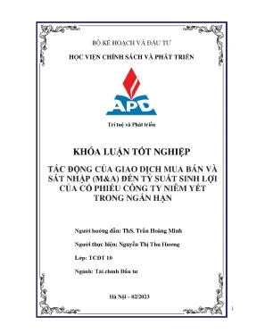Khoá luận tốt nghiệp chuyên ngành tài chính đầu tư tác động của hoạt động sát nhập và mua lại ma đến tỷ suất sinh lợi bất thường của cổ phiếu công ty niêm yết trong ngắn hạn