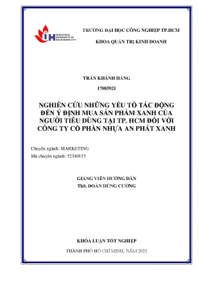 Nghiên cứu những yếu tố tác động đến ý định mua sản phẩm xanh của người tiêu dùng tại tp hcm đối với công ty cổ phần nhựa an phát xanh