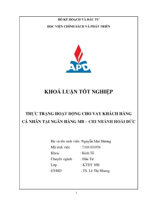 Chuyên ngành kinh tế đầu tư thực trạng hoạt động cho vay khách hàng cá nhân tại ngân hàng thương mại cổ phần quân đội chi nhánh hoài đức