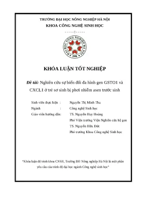 Luận văn tốt nghiệp nghiên cứu sự biến đổi đa hình gen gsto1 và cxcl1 ở trẻ sơ sinh bị phơi nhiễm asen trước sinh