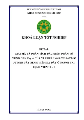 Giải mã và phân tích đặc điểm phân tử vùng gen cag a của vi khuẩn helicobacter pylori gây bệnh viêm dạ dày ở người tại bệnh viện 19 8