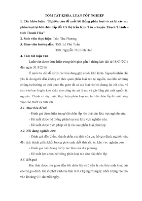 Nghiên cứu đề xuất hệ thống phân loại và xử lý rác sau phân loại tại bãi chôn lấp đồi cà thị trấn kim tân huyện thạch thành tỉnh thanh hóa