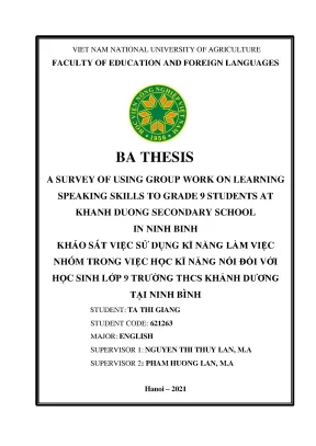 A survey of using group work on learning speaking skills to grade 9 students at khanh duong secondary school in ninh binh