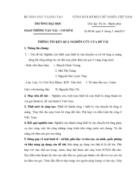 Nghiên cứu thiết kế cụm thiết bị vận chuyển và rót bê tông xi măng dùng thi công móng trụ cột đặt máy phát điện sức gió ở vùng sông nước đề tài nghiên cứu khoa học sinh viên