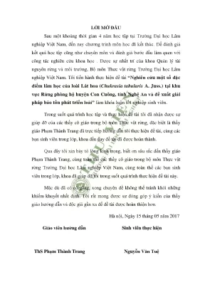 Nghiên cứu một số đặc điểm lâm học của loài lát hoa chukrasia tabularis a juss tại khu vực rừng phòng hộ huyện con cuông tỉnh nghệ an và đề xuất giải pháp bảo tồn phát triển loài