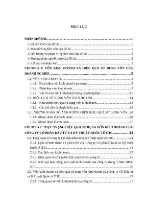 Luận văn thạc sĩ giải pháp nâng cao hiệu quả sử dụng vốn kinh doanh tại công ty cp đầu tư và kỹ thuật quốc tế itic