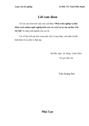 Luận văn tốt nghiệp phát triển nghiệp vụ bảo hiểm trách nhiệm nghề nghiệp kiến trúc sư và kỹ sư tư vấn tại bảo việt hà nội