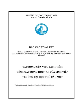 Tác động của việc làm thêm đến hoạt động học tập của sinh viên trường đại học thủ dầu mộtthuộc nhóm ngành khoa học khoa học xã hội và nhân văn
