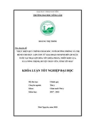 Thực hiện quy trình chăm sóc nuôi dưỡng phòng và trị bệnh cho đàn lợn con giai đoạn từ sơ sinh đến 28 ngày tuổi tại trại lợn hòa yên hòa phát thôn khe lụa xã lương thịnh