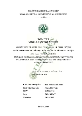 Nghiên cứu đề xuất giải pháp quản lý chất lượng nước sông múc ii trên địa bàn thị trấn yên định huyện hải hậu tỉnh nam định