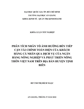 Phân tích nhân tố ảnh hưởng đến tiếp cận tài chính toàn diện của khách hàng cá nhân qua dịch vụ của ngân hàng nông nghiệp và phát triển nông thôn việt nam trên địa bàn huyện tịnh biên