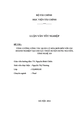 Luận văn tốt nghiệp đề tài tăng cường công tác quản lý hóa đơn đối với các doanh nghiệp tại chi cục thuế huyện hưng nguyên tỉnh nghệ an
