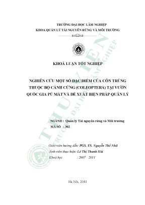 Nghiên cứu một số đặc điểm côn trùng thuộc bộ cánh cứng coleoptera tại vườn quốc gia pù mát và đề xuất biện pháp quản lý