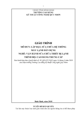 Giáo trình lắp đặt sửa chữa hệ thống máy lạnh dân dụng nghề vận hành sửa chữa thiết bị lạnh trình độ cao đẳngtrung cấp cđ kỹ thuật công nghệ quy nhơn