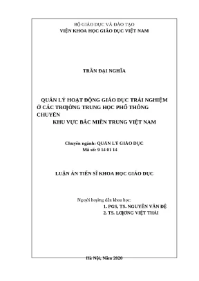 Luận án quản lý hoạt động giáo dục trải nghiệm ở các trường trung học phổ thông chuyên khu vực bắc miền trung việt nam