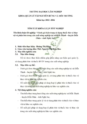 Đánh giá hiện trạng sử dụng thuốc bảo vệ thực vật và phân bón trong sản xuất nông nghiệp tại xã diễn thịnh huyện diễn châu tỉnh nghệ an