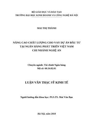 Luận văn thạc sĩ hubt nâng cao chất lượng cho vay dự án đầu tư tại ngân hàng phát triển việt nam chi nhánh nghệ an
