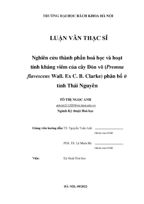 Nghiên cứu thành phần hóa học và hoạt tính kháng viêm của cây đòn võ premna flavescens wall ex c b clarke phân bố ở tỉnh thái nguyên