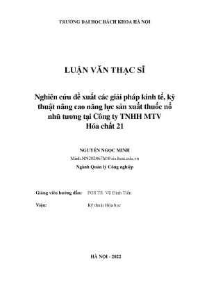 Nghiên cứu đề xuất các giải pháp kinh tế kỹ thuật nâng cao năng lực sản xuất thuốc nổ nhũ tương tại công ty tnhh mtv hóa chất 21