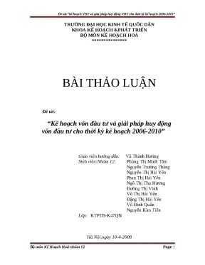Luận văn tốt nghiệp kế hoạch vốn đầu tư và giải pháp huy động vốn đầu tư cho thời kỳ kế hoạch 2006 2010
