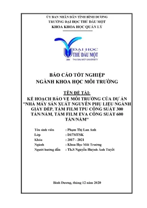Kế hoạch bảo vệ môi trường của dự án nhà máy sản xuất nguyên phụ liệu ngành giày dép tấm film tpu công suất 300 tấn năm tấm film eva công suất 600 tấn năm khóa luận tốt nghiệp